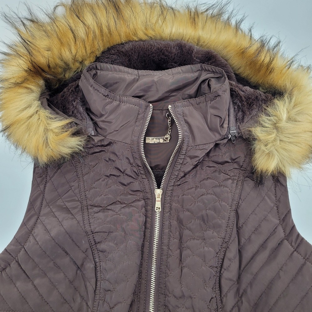 LA Coalition Womens Med Brown Quilted Puffer Vest Faux Fur Fall Gorpcore